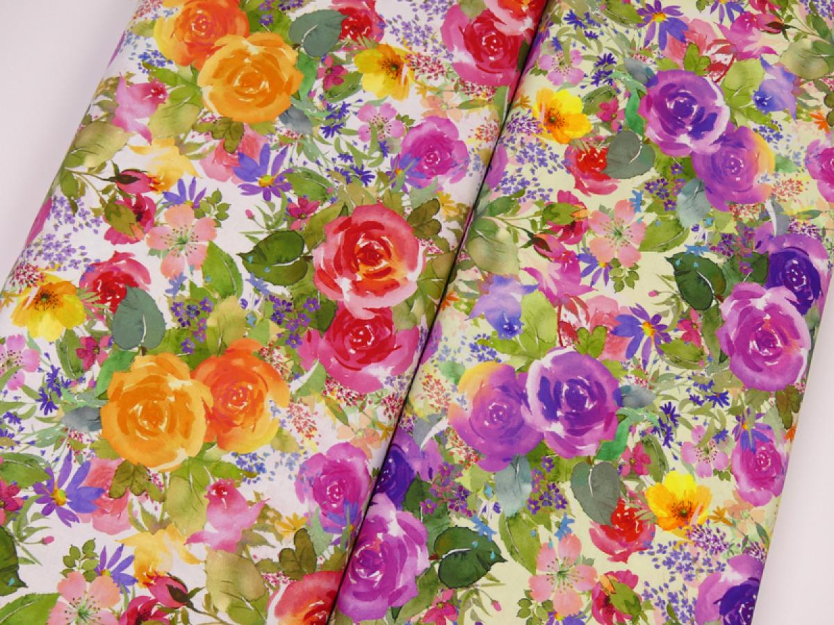 Patchworkstoff Clothworks Flowershop Ballen mit Rosen in lila und Ballen mit Rosen in gelb rot